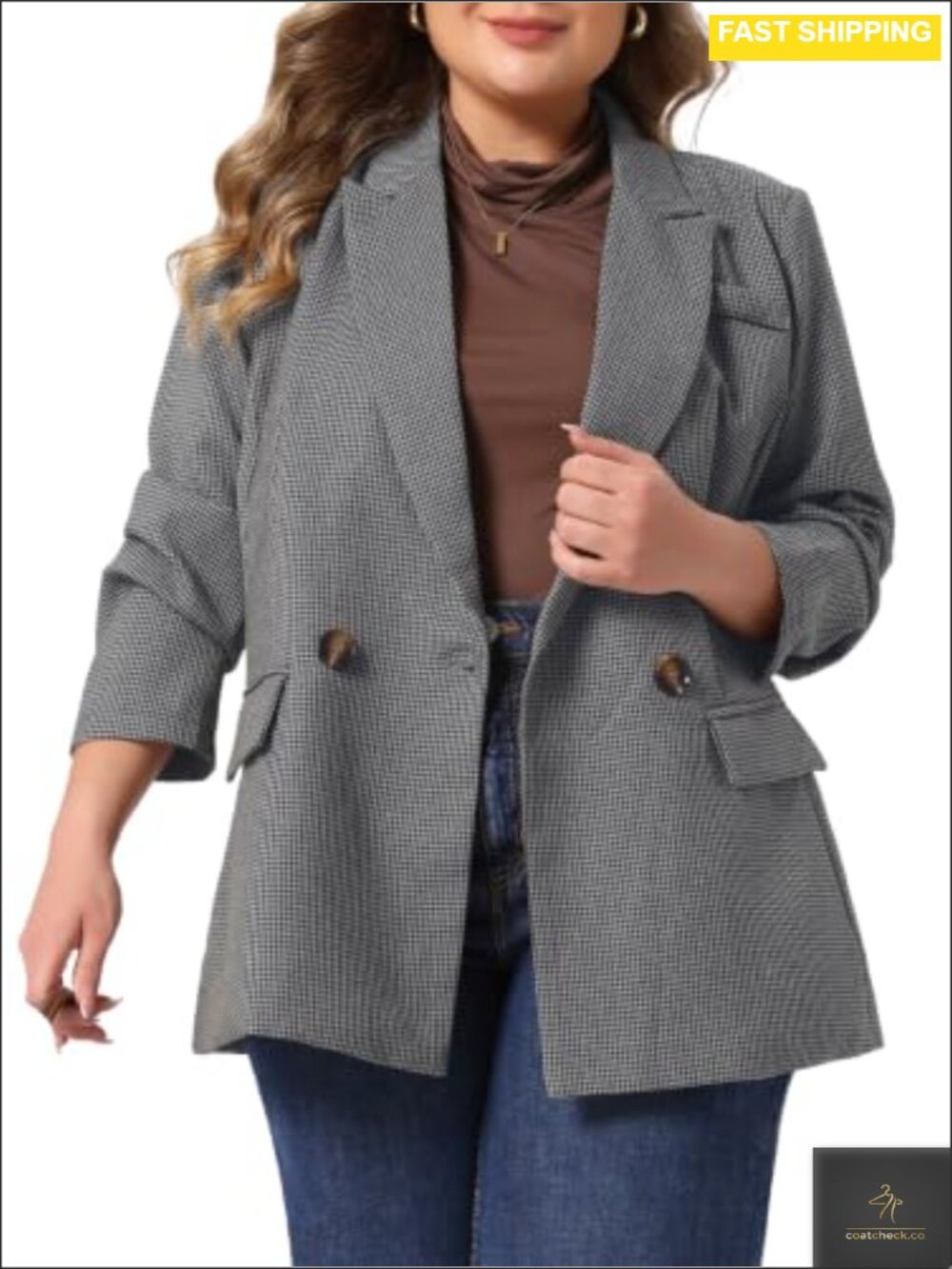 Plus Size Double Breasted Plaid Blazer Houndstooth Work Suit Jacket